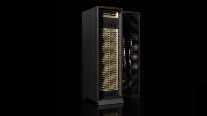 Figure 1. NVIDIA Groq 3 LPX rack containing 256 LPU accelerators, designed to work alongside Rubin GPU racks for heterogeneous inference.